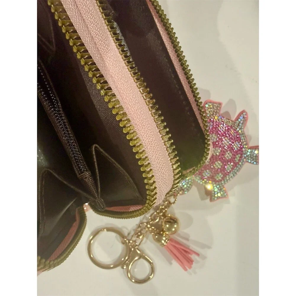 2 pc Pink zip Wallet sparkly bling Turtle Keychain purse Charm Set  cute gift